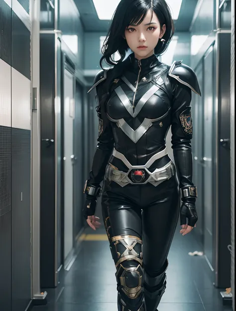 Beautiful woman with black hair. black eyes. Twenty years old. She wears a black metallic battle uniform. There is something like Kamen Riders transformation belt on his waist. She stands in the hallway of the spaceship with a tense expression on her face....