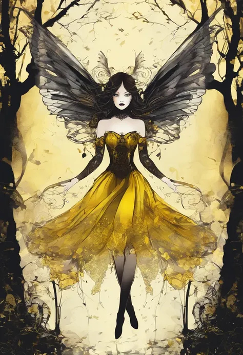 little fairys，The transparent wings of the little fairy，Flying，Yellow dress，，Full body like，Meadow woods，(refractions,Reflection:1.3)，Scratch the surface，Faraway view，Long shots