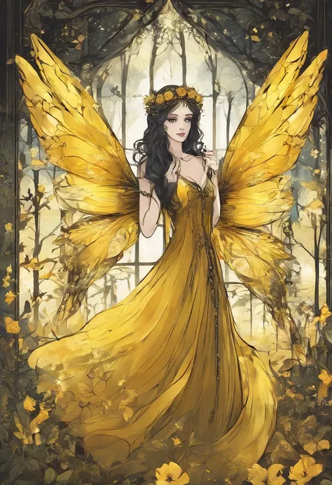 little fairys，The transparent wings of the little fairy，Flying，Yellow dress，，Full body like，Meadow woods，(refractions,Reflection:1.3)，Scratch the surface，Faraway view，Long shots