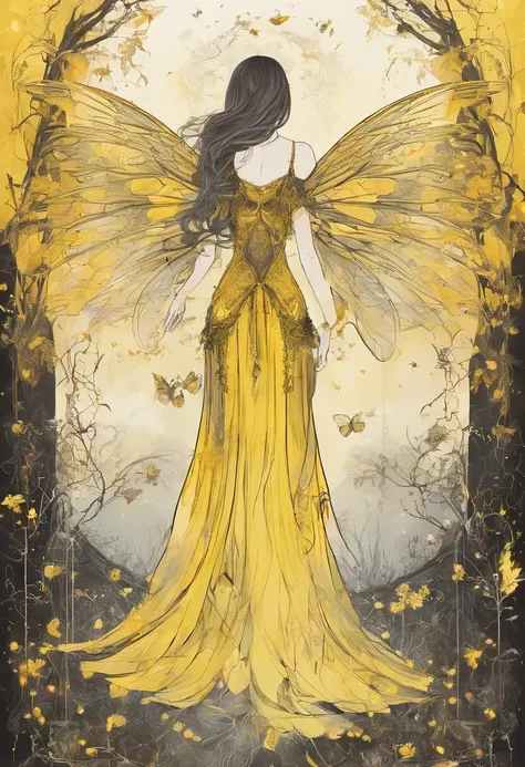 little fairys，The transparent wings of the little fairy，Flying，Yellow dress，，Full body like，Meadow woods，(refractions,Reflection:1.3)，Scratch the surface，Faraway view，Long shots