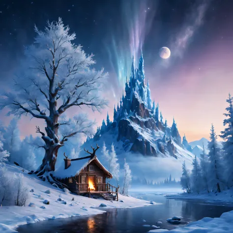 Starry night, (Rime)，Northern Lights, Towering snow-capped mountains, bonfires，A huge treehouse in the middle of a winter forest，Frozen branches are covered with hoarfrost。reindeer,yukito,sled,Winter wonderland,Vibrant colors, ​​clouds,Mist,New Moon,milky ...