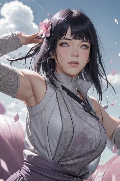 masterpiece, absurdres, hinata(boruto), 1girl, solo,mature female,((technomancer, intricate outfit, Light Gray theme)),smug look,burly bulky woman,very tall,polar,intricate background,dynamic pose,action scene  outdoors,lavender flower field, looking at vi...