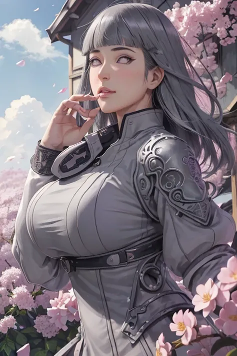 masterpiece, absurdres, hinata(boruto), 1girl, solo,mature female,((technomancer, intricate outfit, Light Gray theme)),smug look,burly bulky woman,very tall,polar,intricate background,dynamic pose,action scene  outdoors,lavender flower field, looking at vi...