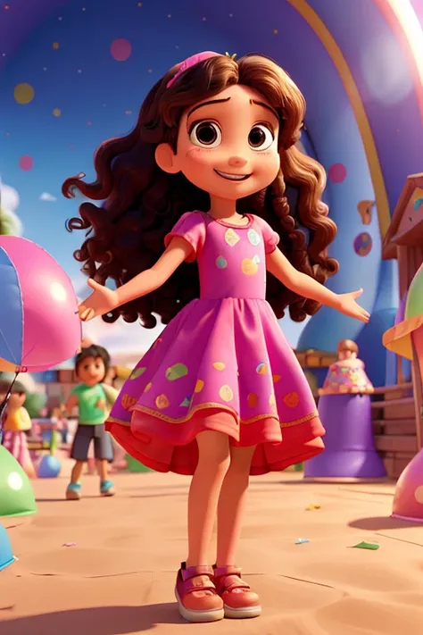 Estilo 3D Pixar, 9 year old girl with long curly hair wearing birthday party dress, Feliz, With open arms and a smile on his face, olhos pretos, pele morena. In the background, Birthday party with toboggan run, trampolines and children played