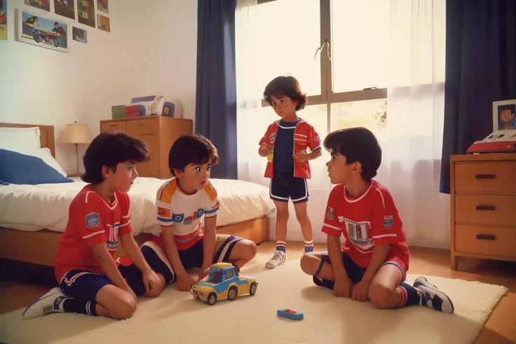 year: 1985. Location: Galicia. Three Pre-raphelite (((10-year old boys))), playing with toys, bedroom, ((((Clothing from the 1980s)))) ((1980s hairstyle)), ((("OMITB" cinematography)))