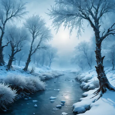 the witcher，thousands of Rime，Honest and clumsy，Natures winter scenery，Snow-capped trees，Icy branches，Ethereal atmosphere，Subtle shades of blue，Frost mist，Fantastic view，EtherealBeauty，Delicate ice crystals，A sparkling winter wonderland，Winter tranquility，...