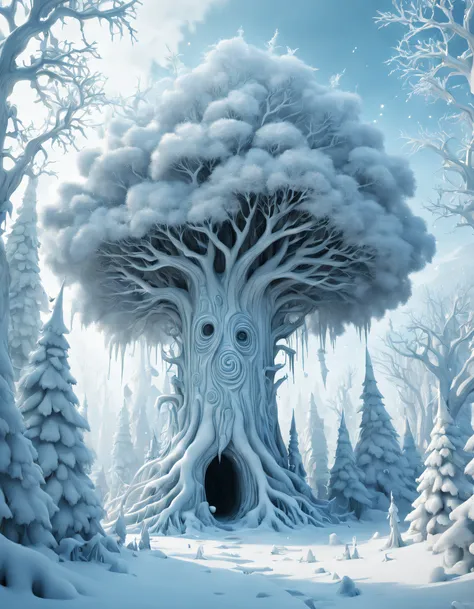 Wizard of thousands of Rime, the simple and honest clumsy Snowy trees pure heaven.Smooth surface,(full_Body), Light,Playful illustration,Playful,Dreamy imagery,Extremely detailed,art  stations,8K,Soft lighting,subdued contrasts,Incredible art,Phlegm sputum...