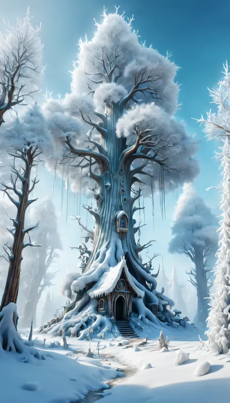 Wizard of thousands of Rime, the simple and honest clumsy Snowy trees pure heaven.Smooth surface,(full_Body), Light,Playful illustration,Playful,Dreamy imagery,Extremely detailed,art  stations,8K,Soft lighting,subdued contrasts,Incredible art,Phlegm sputum...