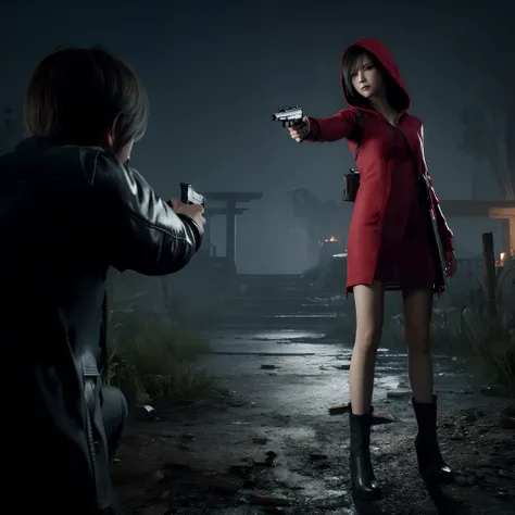 Ada wong, beautiful face, detailed, bob hair, perfect Face, wearing mini red dress hoody, wearing hoody, black nail polish, friendly face, glare, red heels, holding a gun