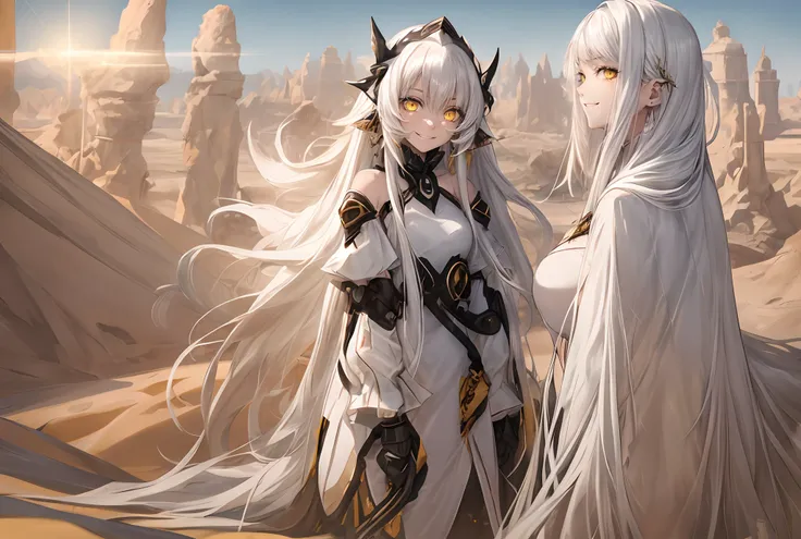 1 girl, long hair, yellow eyes, glimmering eyes, white hair, desert, oasis, sunlight, daylight,