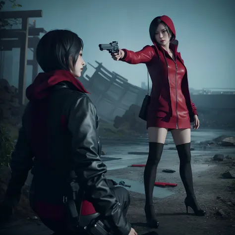 Ada wong, beautiful face, detailed, bob hair, perfect Face, wearing mini red dress hoody, wearing hoody, black nail polish, friendly face, glare, red heels, holding a gun