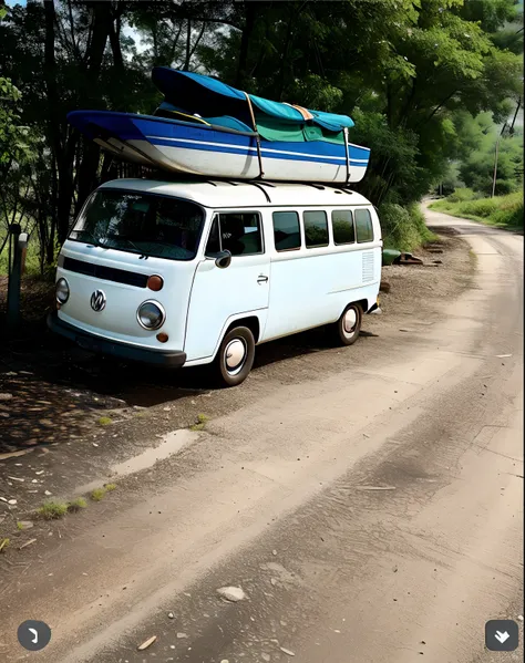 Theres a van with a boat on top parked on the side of the road, microbus, Carrinha, vw microbus driving, vw bus on a street, com rack de teto, Capturado no iPhone, Viagem, van cobra, filmado no iPhone, um defensor retropunk da natureza;, Cottagecore hippie...