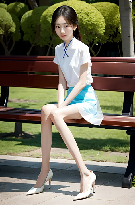 There was a Chinese woman sitting on a bench, Wear an ultra-thin transparent light-colored tight skirt, Sitting on a park bench, high-heels,thin very long legs，Thin，Gauze skirt，beautifullegs，Jade foot，Real human body