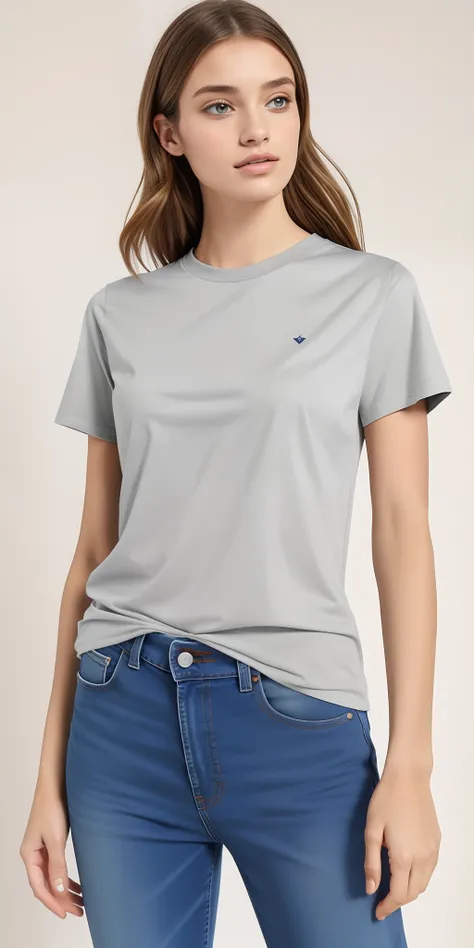 uma mulher vestindo uma camiseta cinza e jeans, camisa cinza, vestindo uma camiseta, mangas curtas, basic clothing, wearing pants and a t-shirt, usando roupas casuais, vestindo uma camisa clara, roupas casuais modernas, T - Camisa, camiseta, roupas cinzas,...