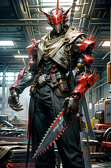 Dark_Fantasy,Cyberpunk,(chain saw,chain saw man,Red:1.1),1man,Mechanical marvel,Robotic presence,Cybernetic guardian,