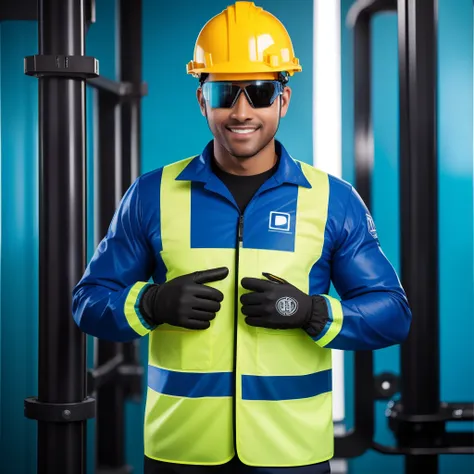 Um trabalhador eletricista de meia-idade，Homens，Professional half-body identification photo，Fundo cinza liso，bem iluminado，Wear blue long-sleeved jumpsuits，Safety Gloves, safety glasses, ambiente de fundo industrial, Capacete branco，sorriso