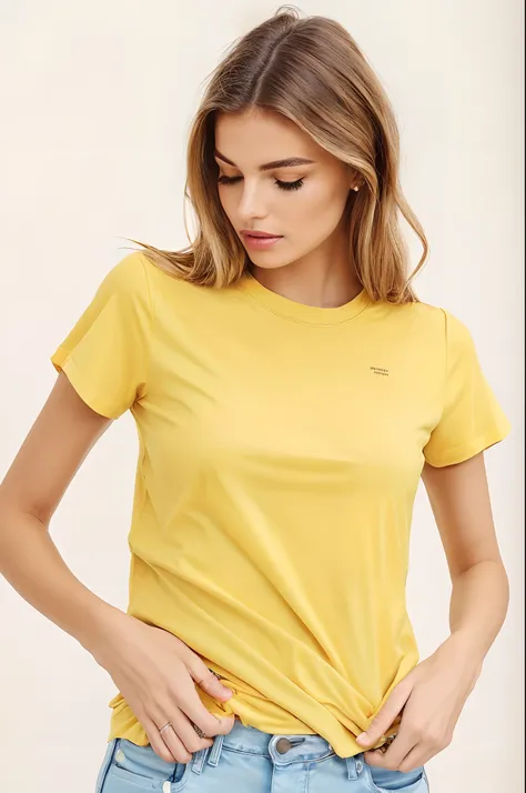 A closeup of a woman in yellow shirt and jeans, vestindo uma camiseta amarela moderna, Roupas amarelas, mangas curtas, vestindo uma camiseta, senhora usando vestido amarelo, T - Camisa, camiseta, victoria siemer, roupas casuais modernas, Ocre, imagem centr...