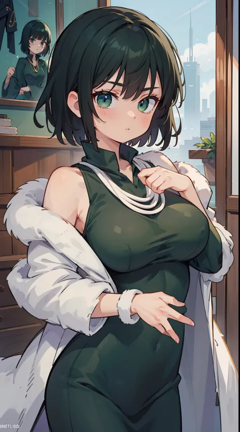 fubuki, fubuki, Black hair, (Green eyes:1.2), （Off-the-shoulder attire:1.5)Short hair,Large breasts，（cleavage:1.2)，
BREAK black dress, dress, Fur coat, High collar, jewelry, necklace, cropped shoulders, tight fit clothes, tightly dress,,
BREAK outdoors, Ci...