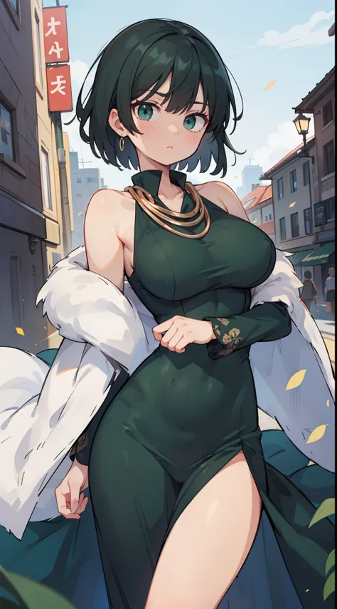 fubuki, fubuki, Black hair, (Green eyes:1.2), （Off-the-shoulder attire:1.5)Short hair,Large breasts，（cleavage:1.2)，
BREAK black dress, dress, Fur coat, High collar, jewelry, necklace, cropped shoulders, tight fit clothes, tightly dress,,
BREAK outdoors, Ci...