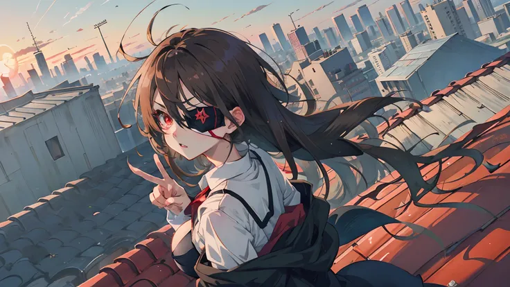 Anime style，Brown hair，red eyes，Black eyepatch on right eye，length hair，huge tit，barechested，facing front、double peace，natta，School rooftop