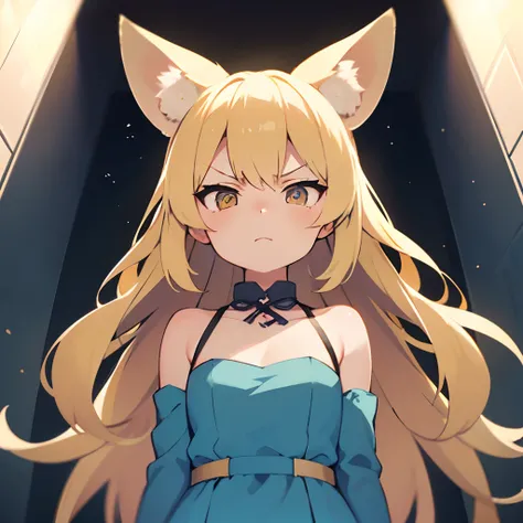 Petite woman, solo, on an elevator, blonde hair, blonde fennec fox ears, blonde fox tail, light blue dress, angry, embarrassed, from below