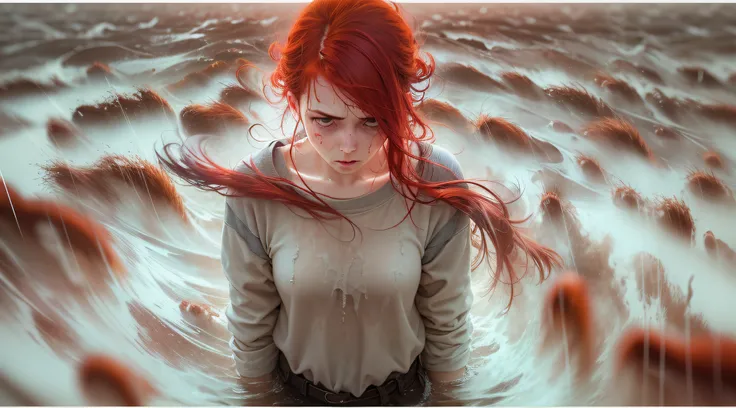 Red-haired girl in the middle of a huge field, hurricane, tornado. The girl was struck by lightning, wet skin, drops, despair, Frozen, dread