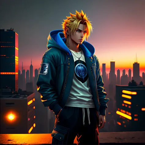 best quality,4k,8k,highres,masterpiece:1.2,ultra-detailed,realistic:1.37,Tidus,Final Fantasy X,streetwear,portrait,tidal-looking,handsome,cool,standing in a futuristic urban setting, surrounded by neon lights and skyscrapers,holding a futuristic weapon wit...