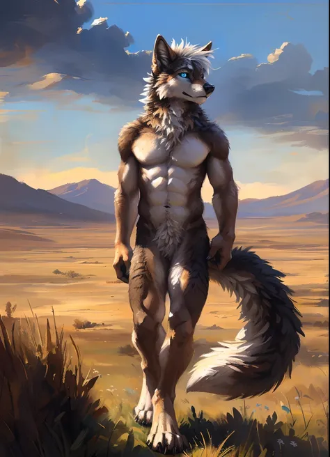 ((Solo)), male people, anthro wolf, (Multi-colored fur, White-brown:1.3，White tail pointed), (Height 2.1m,Tail length 1.2m), ((Wolf face, White hair, Big eyes, White eyelids, Blue pupil:1.2) (Tough, Calm expression:1.2)), Robust, Abs, pinging)), (Correct a...