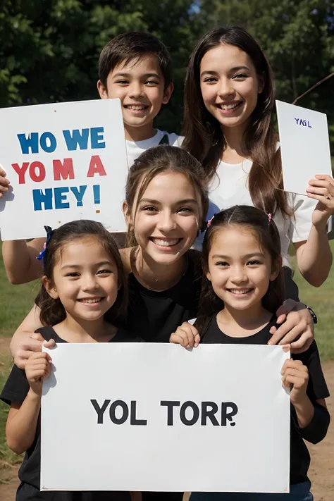 Heartwarming image 4 kids, all smiling and holding big white sign