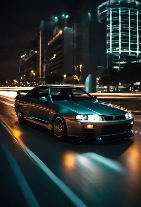 A 1999 Nissan Silver R33 with neon strips blending it into the movie Tron legacy