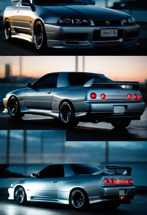 A 1999 Nissan Silver R33 with neon strips blending it into the movie Tron legacy