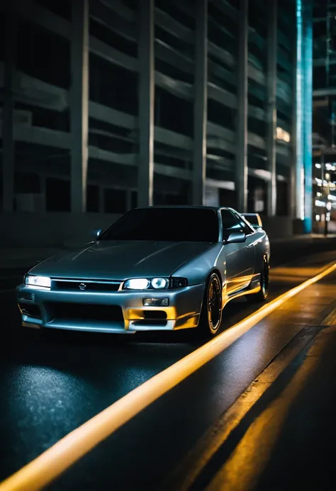 A 1999 Nissan Silver R33 with neon strips blending it into the movie Tron legacy