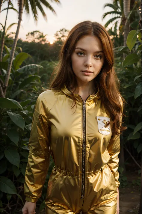 young woman space cadet, ginger hair, mid shot, very beautiful, detailed golden space suit, standing in tropical forest, sunset, peaceful atmosphere, vibrant, colorful