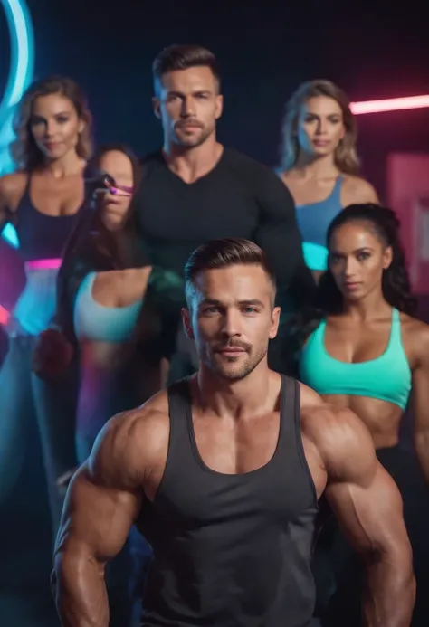 a man with muscles, and three fitness women in the background, arc of neon colors, in deep space, geometric icons sliding