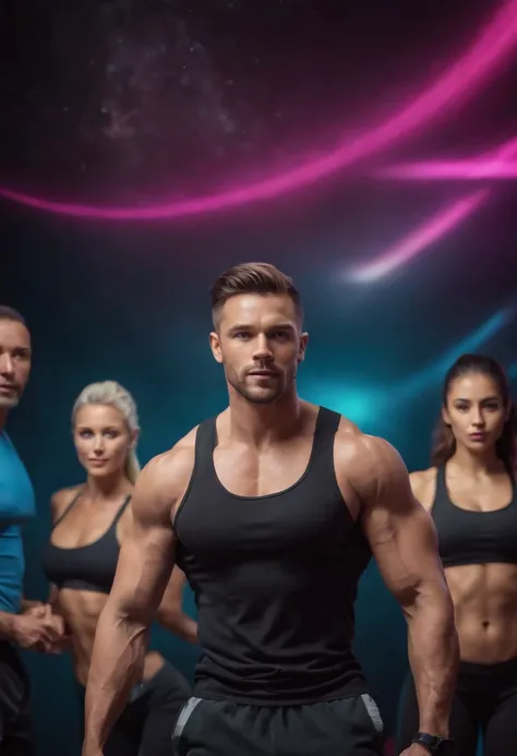 a man with muscles, and three fitness women in the background, arc of neon colors, in deep space, geometric icons sliding