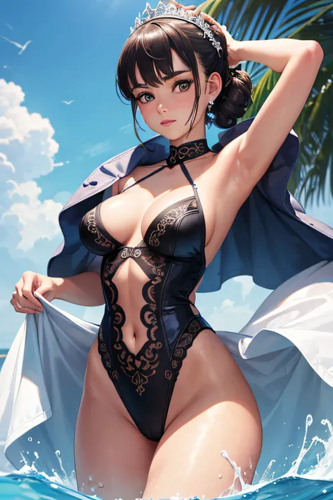 beste-Qualit, jeu cg, 1fille, master piece, beste-Qualit, 8k, detailed skin texture, detailed fabric texture, beautifull detailed face, intricate high detail, Ultra detailded, audrey hepburn, Swimsuit swimming, cheveux roux raides, (Corps Entier: 1.2)