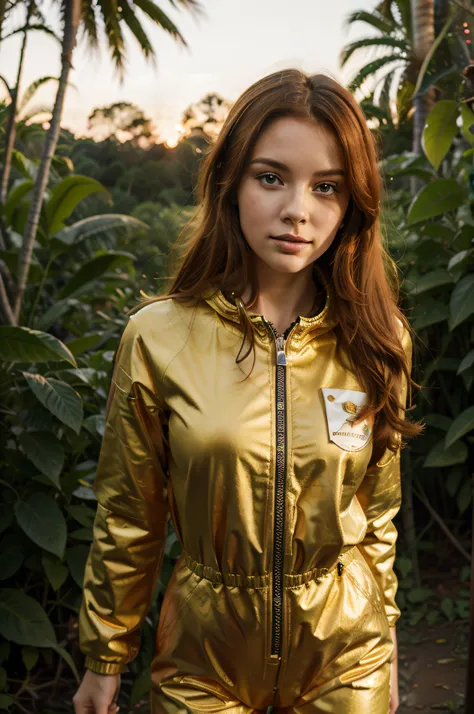 young woman space cadet, ginger hair, mid shot, very beautiful, detailed golden space suit, standing in tropical forest, sunset, peaceful atmosphere, vibrant, colorful