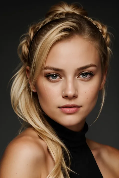 A eye contact of a blonde with a bun and a dark theme