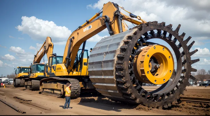 there is a large yellow tractor with a large tire on the back, massive construction machines, heavy machinery, big shovel, powerful and huge, huge machine robot, oversized enginee, it is very huge, incredible depth, amazing craftsmanship, a large, motivati...