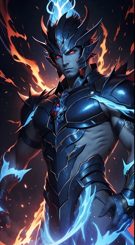 Experience the awe-inspiring transformation of the Blue Vageta God as he unleashes his full potential, with stunning renderings of his fiery aura and piercing red eyes.