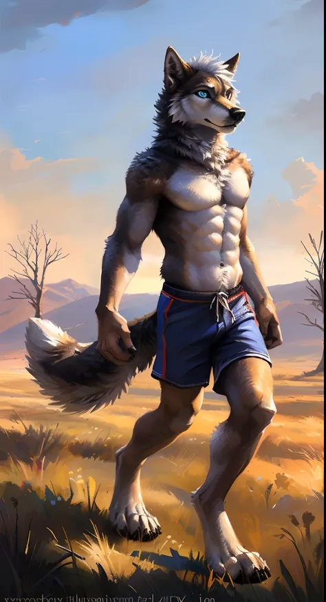 ((Solo)), male people, anthro wolf, (Multi-colored fur, White-brown:1.3，White tail pointed), (Height 2.1m,Tail length 1.2m), ((Wolf face, White hair, Big eyes, White eyelids, Blue pupil, Slim:1.2) (Tough, Calm expression:1.2)), Abs, Slim, pinging)), (Corre...