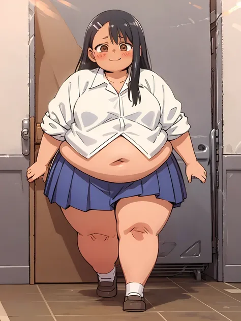 Fat nagatoro hayase, brown eyes, black hair, fat body, bangs, big cheeks, fat and cute face, long hair, dark skin, hairclip, white shirt, blue skirt, no socks, school shoes, fat arms, fat belly , happy face