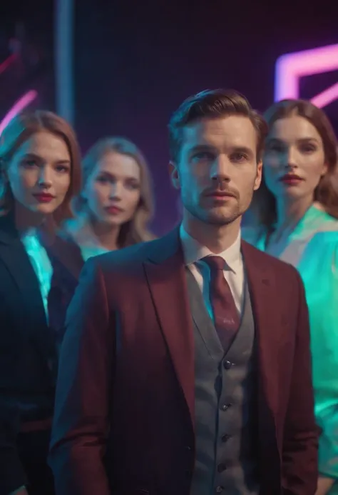 an elegant man, dressed in a suit, three women in the background, arc of neon colors, in deep space, geometric icons sliding