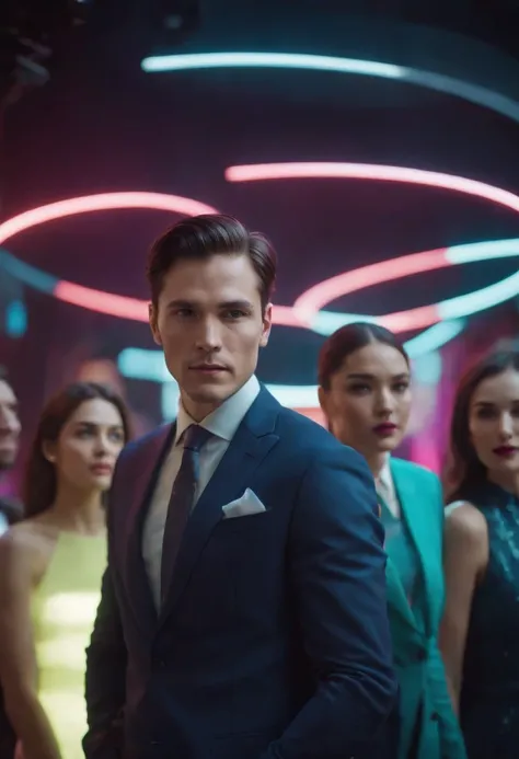 an elegant man, dressed in a suit, three women in the background, arc of neon colors, in deep space, geometric icons sliding