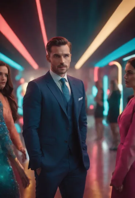 an elegant man, dressed in a suit, three women in the background, arc of neon colors, in deep space, geometric icons sliding