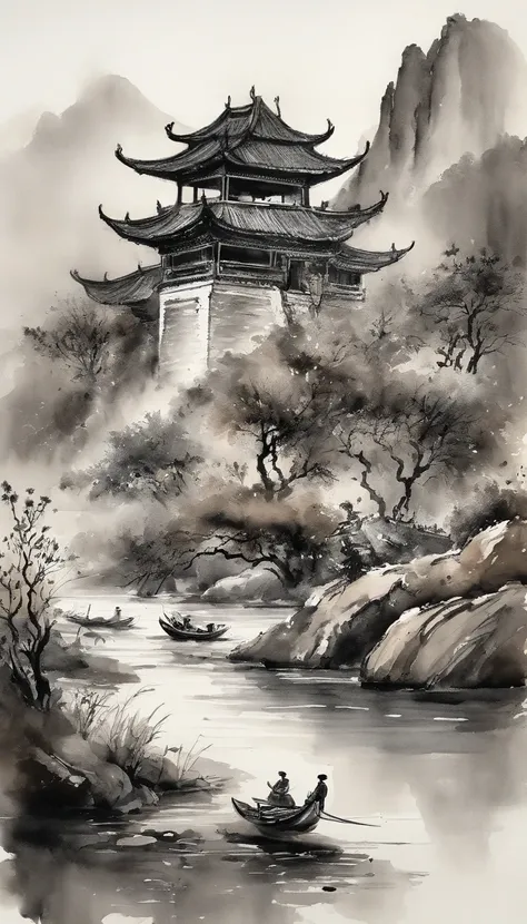 Chinese landscape painting，ink and watercolor painting，Black and white painting，