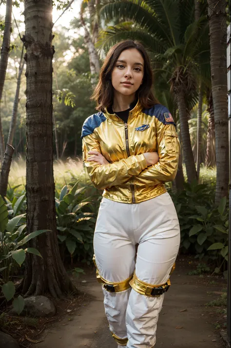 utrarealistic, young woman space cadet named Anne-Marie Alto, mid shot, vibrant, colorful, very beautiful, detailed golden space suit, standing in tropical forest, sunset, peaceful atmosphere,