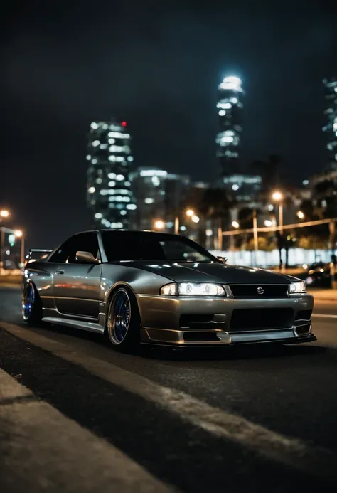 A 1999 Nissan Silver R33 lowered wide body,  car body molded as if it was in the movie Tron legacy, LED strips light up all the body lines of the car, night city background, motion blurr