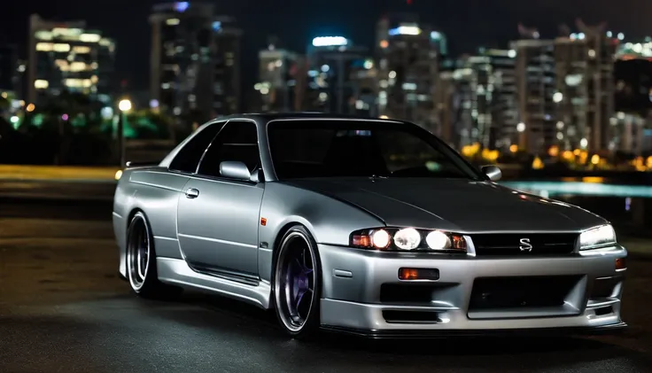 A 1999 Nissan Silver R33 lowered wide body,  car body molded as if it was in the movie Tron legacy, LED strips light up all the body lines of the car, night city background, motion blurr