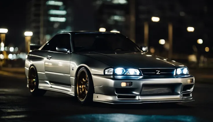 A 1999 Nissan Silver R33 lowered wide body,  car body molded as if it was in the movie Tron legacy, LED strips light up all the body lines of the car, night city background, motion blurr